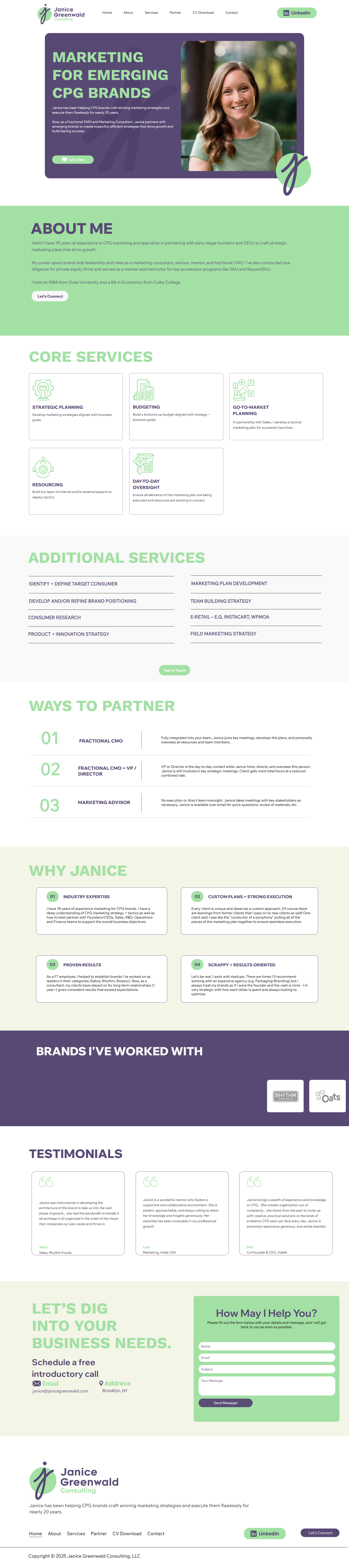 Created a clean, accessible website for Janice Greenwald on Wix, focusing on simplicity, elegance, and ease of client maintenance.